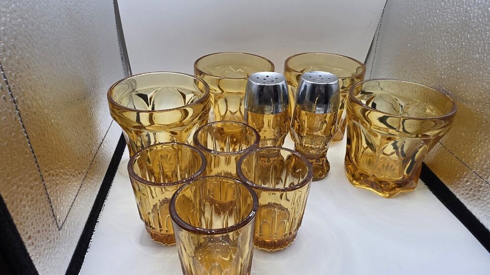 Tiara Indiana Glass Sandwich Amber 10 Pc Set 4 Tumblers 4 Juice Glass Salt Pepp